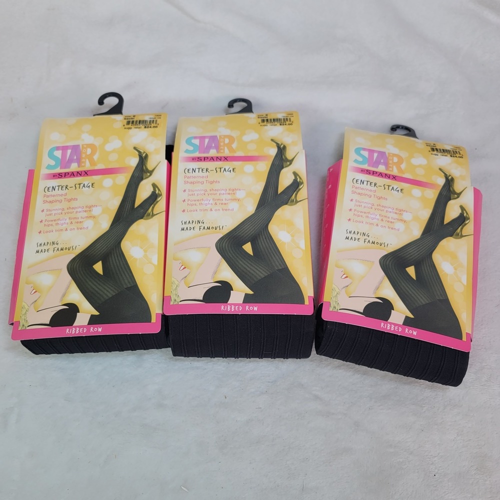 STAR POWER BY SPANX Set Patterned Shaping Tights Black Size E Ribbed Row 3 Pair